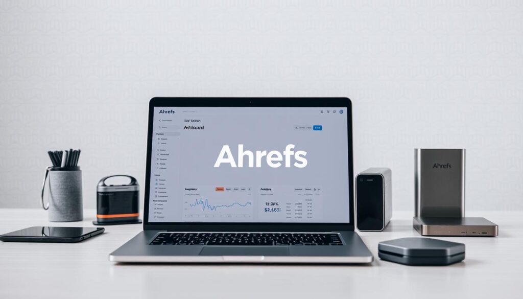 A sleek, modern workspace with a laptop displaying the Ahrefs logo, surrounded by various SEO-related tools and devices. The foreground features a high-resolution screenshot of the Ahrefs dashboard, showcasing its analytical capabilities. In the middle ground, a smartphone, a tablet, and a compact external hard drive create a cohesive technology-driven setup. The background is filled with a subtle, minimalist pattern that suggests a sense of digital professionalism. The lighting is soft and natural, creating a warm, productive atmosphere. The overall composition conveys the efficient and comprehensive nature of Ahrefs as an SEO software solution.