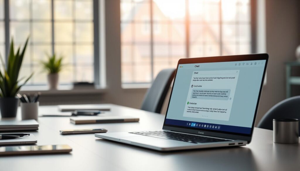 A sleek office desk with a modern laptop and smartphone, surrounded by a minimalist layout of digital devices and office supplies. Soft, natural lighting filters in through large windows, creating a serene and productive atmosphere. In the foreground, a chatbot window is displayed on the laptop screen, showcasing intuitive conversational features and seamless integration with email workflows. The overall scene conveys a sense of efficiency, user-centric design, and the harmonious integration of technology and productivity.