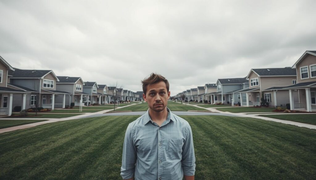 A suburban neighborhood with neatly manicured lawns, but the houses are eerily identical, like cookie-cutter replicas. In the foreground, a perplexed-looking person stands amidst the sameness, feeling lost and disconnected. The sky is overcast, casting a gloomy, impersonal tone. The lighting is soft and diffused, emphasizing the sense of uniformity. The camera angle is slightly low, creating a sense of the person's small stature compared to the overwhelming conformity around them. The overall scene conveys the idea of inadequate customer segmentation, where individuals are treated as part of a homogeneous group rather than as unique customers with distinct needs and preferences.