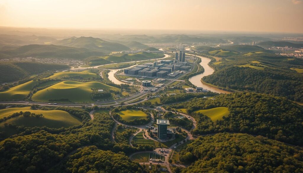 A sweeping aerial view of a lush, verdant landscape, with rolling hills and winding rivers. In the foreground, a diverse array of interconnected elements seamlessly coexist - a vibrant garden, a thriving urban center, and a serene woodland. The middle ground showcases a dynamic interplay between technology and nature, with sleek, modern structures harmoniously integrated into the natural environment. In the background, a cloudless sky bathes the scene in warm, golden light, creating a sense of tranquility and balance. The overall composition conveys a holistic approach to growth and development, where sustainable practices and environmental consciousness are woven into every aspect of the design.