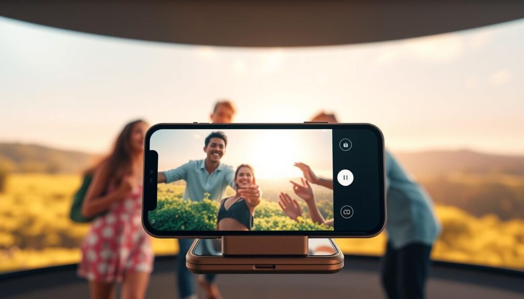 A vast, ultra-wide digital canvas fills the frame, showcasing a vibrant and dynamic Instagram Reel. The central focus is a captivating smartphone screen, its display reflecting a lush, sun-drenched landscape. In the foreground, a group of friends laugh and gesture, their movements frozen in time. The middle ground features a sleek, modern smartphone, its dimensions stretching across the wide frame. In the background, a blend of soft gradients and subtle patterns creates a sense of depth and visual interest. The lighting is natural and warm, with a soft, diffused glow illuminating the scene. The overall mood is one of youthful energy, social connection, and the power of immersive digital experiences.