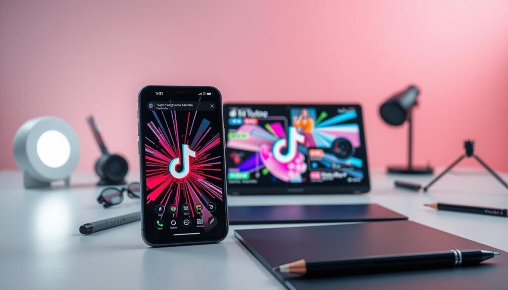 A vibrant and engaging scene showcasing the power of generative tools for TikTok ads. In the foreground, a sleek smartphone displays a TikTok interface, its screen filled with dynamic, eye-catching visuals generated by AI-powered tools. In the middle ground, various digital devices and creative implements, such as a stylus and graphics tablet, hint at the design process behind these visually compelling ads. The background features a clean, minimalist workspace with a subtle gradient backdrop, creating a modern and professional atmosphere. The lighting is soft and diffused, accentuating the technological elements and emphasizing the intersection of creativity and automation. This image conveys the benefits of leveraging generative tools to craft visually striking, authentic TikTok advertisements that captivate the viewer.