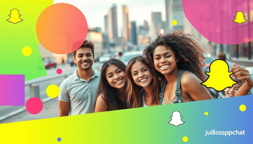 A vibrant, eye-catching Snapchat ad visual showcasing an array of playful, colorful elements. In the foreground, a group of diverse young people pose naturally, their expressions radiating energy and enthusiasm. The middle ground features a dynamic blend of geometric shapes, gradient effects, and subtle branding cues, seamlessly integrated to create a visually striking composition. In the background, a soft, blurred cityscape provides an urban backdrop, with hints of neon lights and skyscrapers adding to the modern, youthful ambiance. The lighting is soft and flattering, with a touch of warmth to evoke a sense of excitement and optimism. The overall mood is upbeat, engaging, and reflective of the vibrant Snapchat brand.