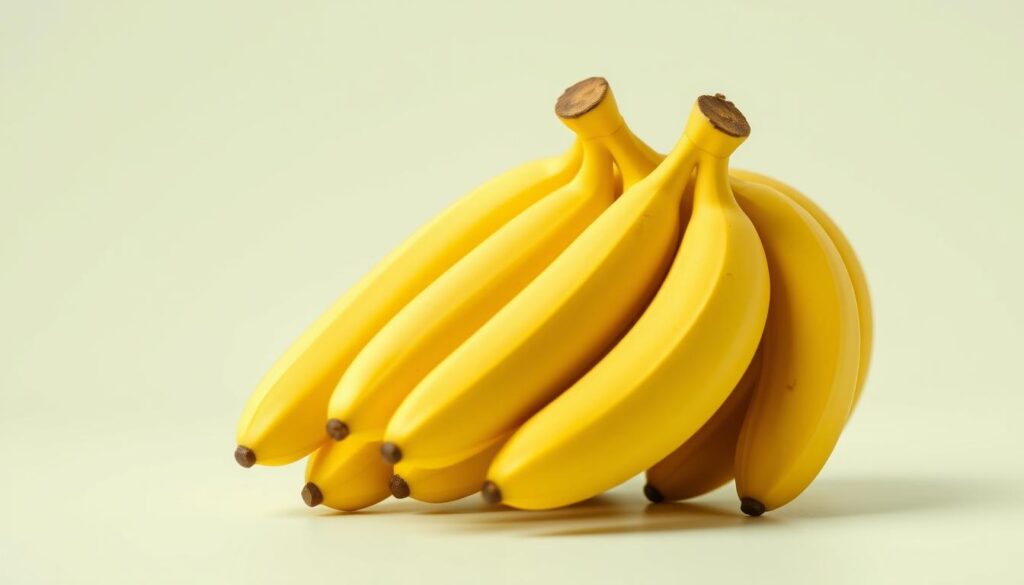 A vibrant, high-quality marketing image featuring a cluster of miniature, photorealistic bananas against a clean, minimalist background. The bananas are presented in a dynamic, eye-catching arrangement, showcasing their unique "nano" size and appealing visual properties. Soft, directional lighting accentuates the bananas' lush yellow hues and delicate textures, creating a sense of depth and dimension. The overall composition radiates a modern, professional aesthetic suitable for use in marketing and promotional materials.