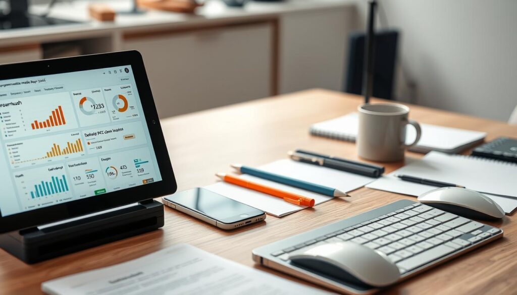 A well-lit, high-resolution photograph of a neatly organized desk displaying various programmatic media buying tools. In the foreground, a tablet or laptop screen showcases the SEMrush user interface, highlighting detailed PPC campaign analytics and insights. On the desk, an array of digital devices such as a smartphone, mouse, and keyboard are arranged in a visually appealing manner. The middle ground features relevant office supplies like notepads, pens, and a coffee mug, creating a productive, data-driven workspace. The background subtly blurs, allowing the focal point of the media buying tools to stand out. The overall scene conveys a sense of professionalism, efficiency, and the importance of comprehensive PPC data for informed decision-making.