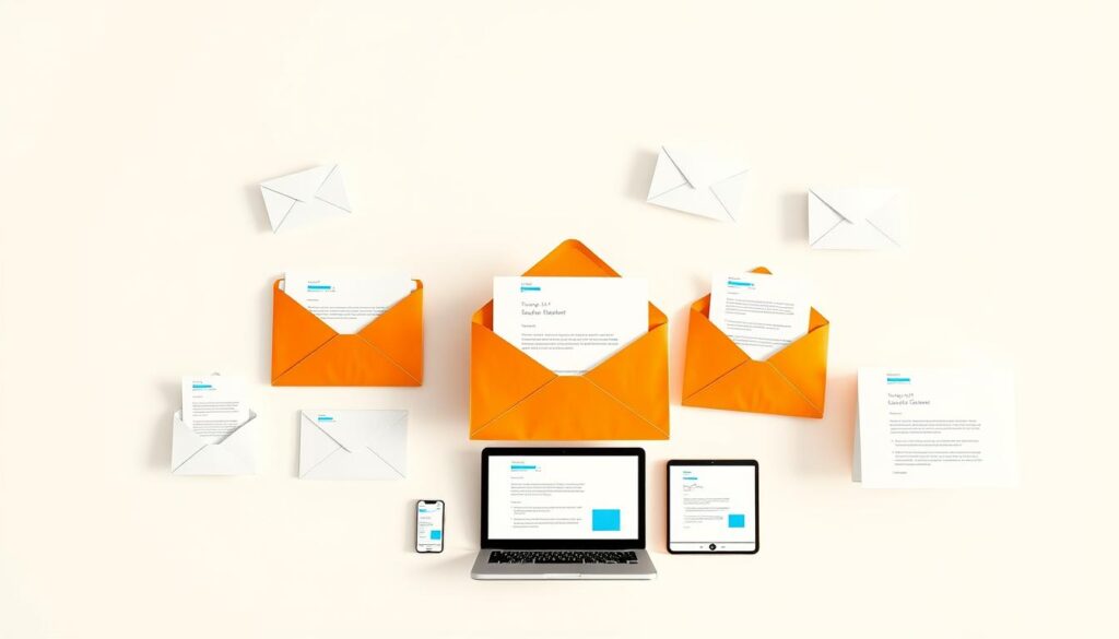 An email sequence unfolding against a clean, minimalist background. Crisp, high-resolution images of envelopes, letterheads, and digital devices arranged in a dynamic, visually engaging layout. Warm, natural lighting casts subtle shadows, creating depth and dimension. The composition flows seamlessly, guiding the viewer's eye through the various stages of the email funnel. Vibrant, yet professional color palette reinforces the digital and business-oriented nature of the subject matter. The overall mood is one of efficiency, productivity, and the power of well-crafted email marketing strategies.