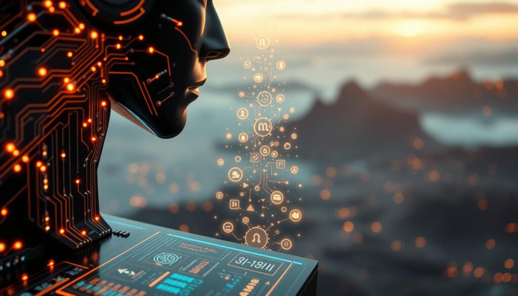 Cinematic close-up of an AI system, represented as an intricate network of glowing circuits and data streams, seamlessly integrated into a captivating narrative. The foreground features a polished, futuristic interface with dynamic visualizations, conveying the AI's profound understanding of storytelling. In the middle ground, a cascade of abstract symbols and icons symbolize the AI's ability to weave together diverse narrative elements. The background showcases a dreamlike, ethereal landscape, hinting at the boundless creative potential of AI-powered storytelling. Soft, warm lighting creates a sense of wonder and inspiration, while a shallow depth of field focuses the viewer's attention on the AI's captivating performance. Realistic photographic quality throughout.