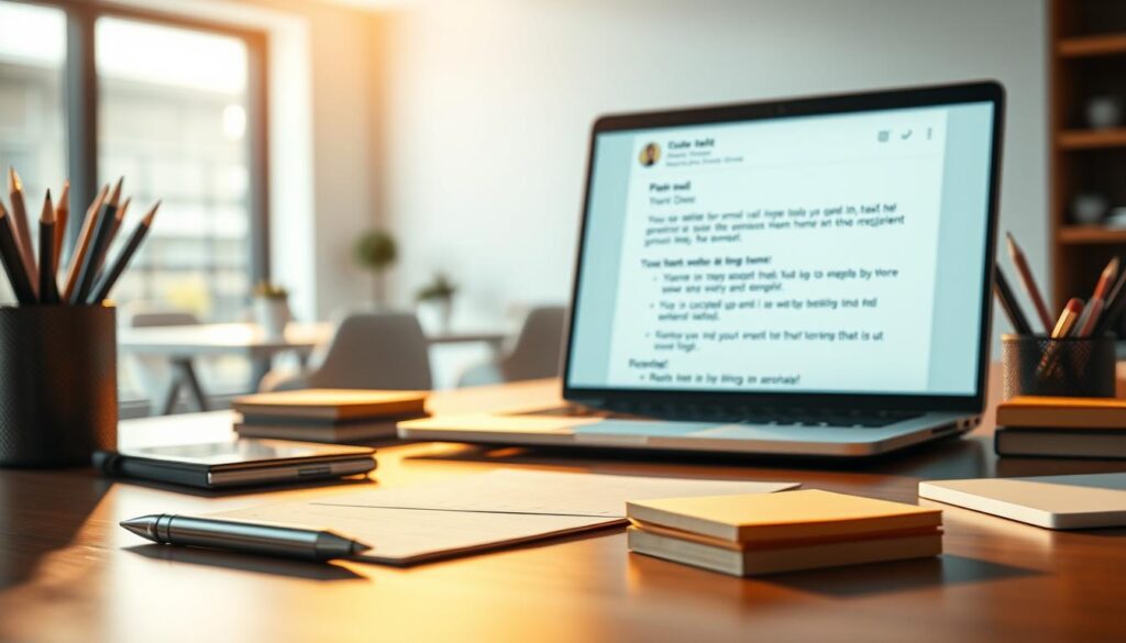 Detailed, photo-realistic image of a modern office desk with various office supplies and a laptop computer displaying an email composition window. The desk is illuminated by warm, directional lighting from the side, creating soft shadows and highlights. In the foreground, a pen, notepad, and a stack of sticky notes are neatly arranged, suggesting an active workflow. In the middle ground, the laptop screen displays an email composition window with personalization tips and suggestions, such as the recipient's name, location, and relevant details. The background features a blurred, but visible, office environment with minimalist decor, hinting at a professional, business-oriented setting.