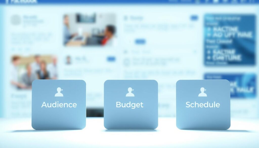 رسم توضيحي رقمي واضح ومشرق يعرض ثلاثة أنواع متميزة من قواعد إعلانات فيسبوك. في المقدمة، يتم عرض مجموعة بارزة من أنواع القواعد مثل الجمهور والميزانية والجدول الزمني في تخطيط واضح على غرار الرسوم البيانية. وتتميز الأرضية الوسطى بخلفية هادئة ضبابية لخلاصة وسائل التواصل الاجتماعي، مما يؤكد على الطبيعة الرقمية للموضوع. يتسم التكوين العام بالأناقة والحداثة والبساطة، مع لوحة ألوان هادئة واستخدام دقيق للظلال لخلق العمق والأبعاد. وتتسم النبرة بالمعلوماتية والاحترافية، مما يعكس الموضوع التقني. رسم توضيحي رقمي واضح ومشرق يعرض ثلاثة أنواع متميزة من قواعد إعلانات فيسبوك. في المقدمة، يتم عرض مجموعة بارزة من أنواع القواعد مثل الجمهور والميزانية والجدول الزمني في تخطيط واضح على غرار الرسوم البيانية. وتتميز الأرضية الوسطى بخلفية هادئة ضبابية لخلاصة وسائل التواصل الاجتماعي، مما يؤكد على الطبيعة الرقمية للموضوع. يتسم التكوين العام بالأناقة والحداثة والبساطة، مع لوحة ألوان هادئة واستخدام دقيق للظلال لخلق العمق والأبعاد. وتتسم النبرة بالمعلوماتية والاحترافية، مما يعكس الموضوع التقني.