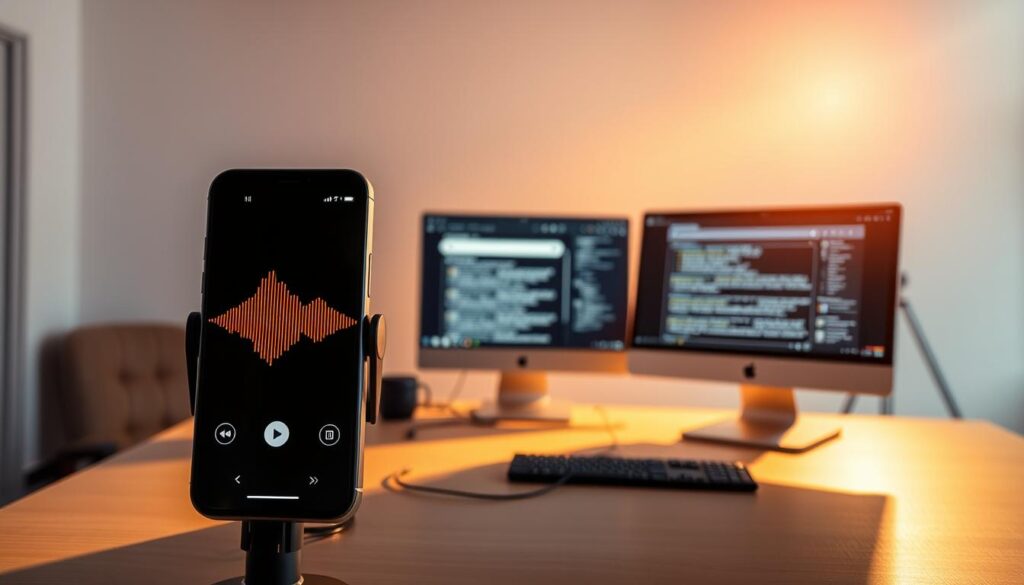 A brightly lit studio scene showcasing the contrast between voice search and text search. In the foreground, a smartphone with a voice search interface, the screen displaying vibrant waveforms and an attentive virtual assistant. In the middle ground, a desktop computer with a search engine interface, the screen filled with rows of text results. The background features a minimalist, modern office setting with clean lines and neutral tones. Warm, directional lighting casts dramatic shadows, creating a sense of depth and emphasis on the central devices. The overall mood is one of technological sophistication and the evolution of search capabilities.