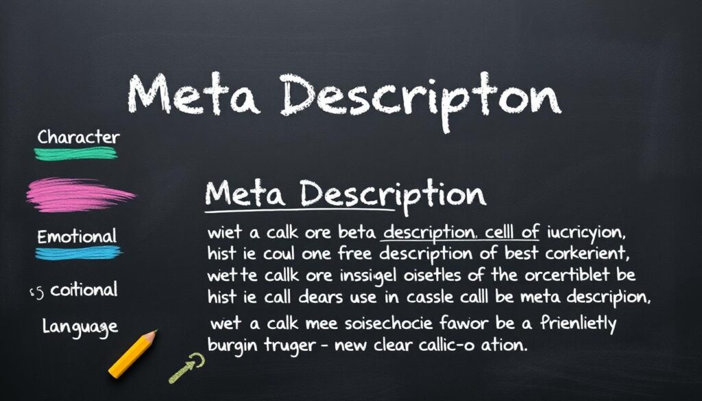 A chalkboard-inspired scene with a creative meta description template filling the frame. In the foreground, a set of colorful chalk shapes and textured brushstrokes highlight key elements like character count, emotional language, and a clear call-to-action. The middle ground features a neatly-arranged collection of meta description examples, each artfully crafted to showcase best practices. The background depicts a blackboard-textured wall, adding depth and an educational, hands-on feel to the composition. Soft lighting casts gentle shadows, emphasizing the thoughtful, methodical approach to effective meta description techniques. A chalkboard-inspired scene with a creative meta description template filling the frame. In the foreground, a set of colorful chalk shapes and textured brushstrokes highlight key elements like character count, emotional language, and a clear call-to-action. The middle ground features a neatly-arranged collection of meta description examples, each artfully crafted to showcase best practices. The background depicts a blackboard-textured wall, adding depth and an educational, hands-on feel to the composition. Soft lighting casts gentle shadows, emphasizing the thoughtful, methodical approach to effective meta description techniques.