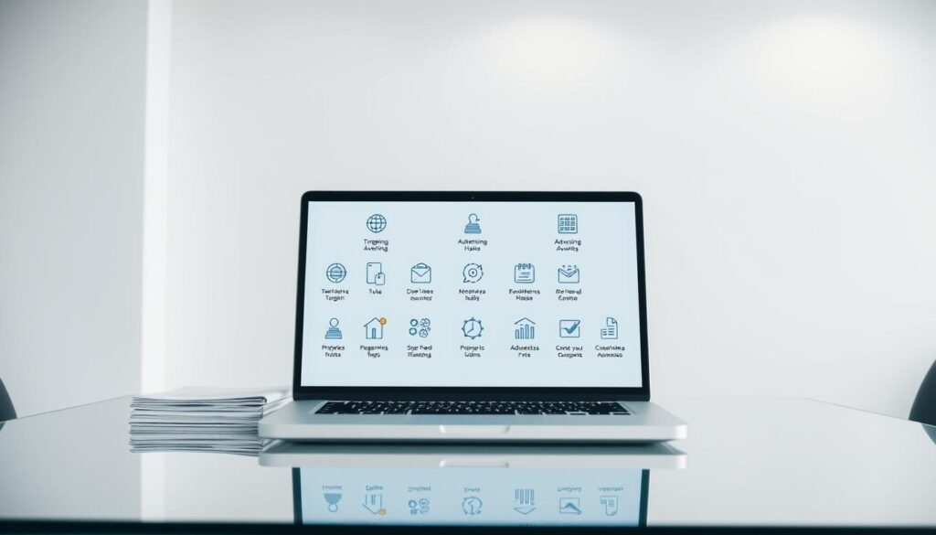 مكتب نظيف وبسيط مع مكتب ذو سطح زجاجي وجهاز كمبيوتر محمول حديث وكومة من المستندات. الإضاءة خافتة وموزعة بالتساوي، مما يخلق جوًا احترافيًا ومركزًا. في المقدمة، تظهر على شاشة الكمبيوتر المحمول سلسلة من الأيقونات والرسومات التي تمثل قواعد إعلانية آلية مختلفة، مثل الاستهداف والميزانية والجدولة. تتميز الخلفية بجدار بسيط محايد اللون، مما يوفر لوحة نظيفة ومرتبة للنقطة المحورية للصورة. مكتب نظيف وبسيط مع مكتب ذو سطح زجاجي وجهاز كمبيوتر محمول حديث وكومة من المستندات. الإضاءة خافتة وموزعة بالتساوي، مما يخلق جوًا احترافيًا ومركزًا. في المقدمة، تظهر على شاشة الكمبيوتر المحمول سلسلة من الأيقونات والرسومات التي تمثل قواعد إعلانية آلية مختلفة، مثل الاستهداف والميزانية والجدولة. تتميز الخلفية بجدار بسيط محايد اللون، مما يوفر لوحة نظيفة ومرتبة للنقطة المحورية للصورة.