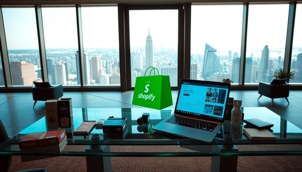 A contemporary office setting, with a large Shopify logo prominently displayed on a sleek glass desk. In the foreground, an open laptop showcases the Shopify platform's intuitive dashboard, highlighting its e-commerce features. Strategically placed around the desk, various product samples and packaging elements subtly convey the versatility of the Shopify ecosystem. The middle ground features a warm, natural lighting that illuminates the space, creating a sense of professionalism and productivity. In the background, floor-to-ceiling windows offer a panoramic view of a bustling city skyline, underscoring Shopify's global reach and the potential for growth. The overall atmosphere evokes a sense of modern, streamlined e-commerce excellence.