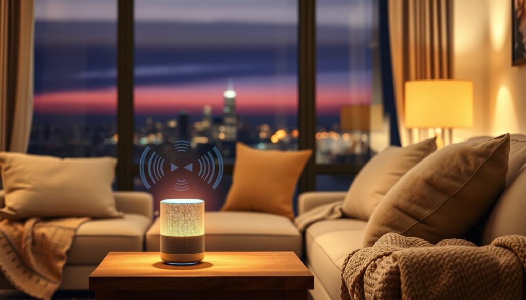 A cozy living room with soft lighting, a modern smart speaker sitting on a wooden end table, surrounded by plush cushions and a cozy throw blanket. The speaker emits a warm glow, with virtual voice waves radiating from it. The room is bathed in a subtle, ambient light, creating a sense of relaxation and connectivity. In the background, a large window overlooks a serene, twilight cityscape, hinting at the broader adoption of voice-enabled technology in the modern world.