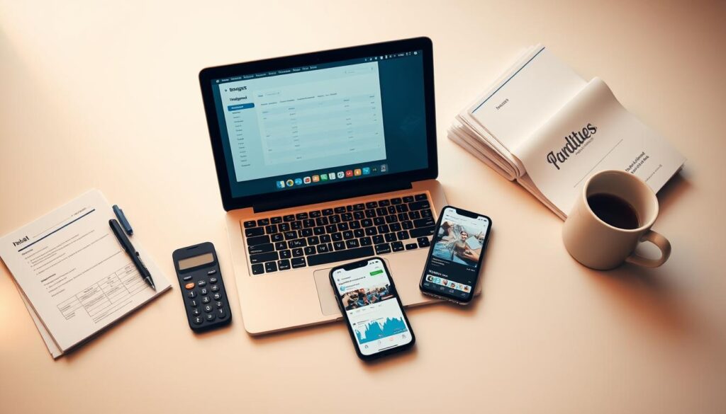 مساحة عمل واضحة وبسيطة مع كمبيوتر محمول وهاتف ذكي وأكوام من المستندات المالية. المشهد مغمور بإضاءة دافئة ومنتشرة، مما يخلق جوًا تأمليًا وتحليليًا. زاوية الكاميرا مرتفعة قليلاً، مما يعطي منظرًا من منظور عين الطائر للإعداد. تعرض شاشة الحاسوب المحمول واجهة تطبيق للميزانية، بينما تعرض شاشة الهاتف الذكي موجزاً عن إنستغرام. وتعزز الإشارات البصرية الخفية، مثل الآلة الحاسبة وقلم التمييز وكوب القهوة، موضوع تحسين الإنفاق الإعلاني على إنستغرام. ينقل التركيب العام إحساسًا باتخاذ قرارات مدروسة تعتمد على البيانات.