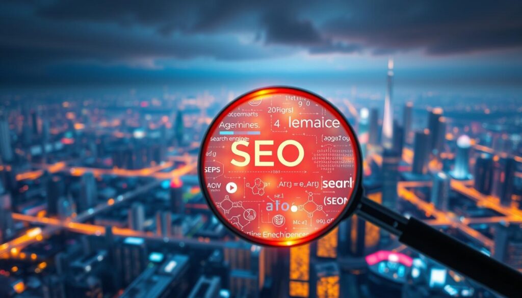 A data-driven digital landscape, illuminated by the warm glow of analytical insights. In the foreground, a magnifying glass hovers over a website, highlighting the intricate web of search engine optimization (SEO) strategies. The middle ground features a vibrant visualization of search engine algorithms, their complex equations and patterns unraveling. In the background, a cityscape of interconnected data centers and servers, pulsing with the heartbeat of online visibility. Soft, diffused lighting casts an ethereal atmosphere, conveying the profound importance of understanding and mastering the art of SEO for any modern business or brand.