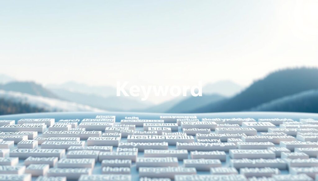 A detailed, high-resolution image of long-tail keywords. The foreground features various unique and specific search phrases, including "how to build a treehouse for kids", "best vacuum for pet hair", and "healthy vegan dessert recipes". These phrases are represented as individual words or short phrases, displayed in a clean, organized layout. The middle ground showcases a stylized, abstract representation of search engine optimization concepts, such as keyword research, targeted content, and traffic growth. The background depicts a serene, minimalist landscape with subtle gradients and geometric patterns, creating a calming, professional atmosphere. The lighting is soft and diffused, with a focus on clarity and detail. The overall composition conveys the concept of leveraging long-tail keywords to drive website traffic and engagement.