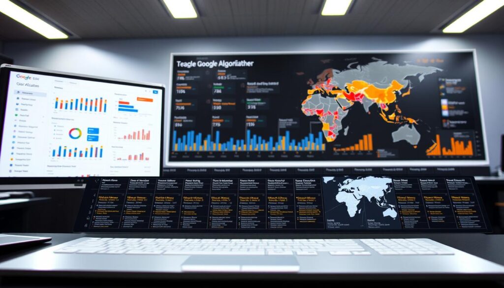 A detailed infographic showcasing a comprehensive Google algorithm updates tracking system. In the foreground, a sleek dashboard displays real-time data and insights, with intuitive visualizations and analytics. The middle ground features a timeline of major algorithm updates, each meticulously documented and color-coded. In the background, a world map highlights the global impact of these changes, with heat maps and data points illustrating their reach. The lighting is crisp and professional, with a subtle depth of field effect drawing the viewer's attention to the key information. The overall mood is one of authority, clarity, and data-driven decision-making, perfectly suited for an article on navigating Google's algorithm updates.