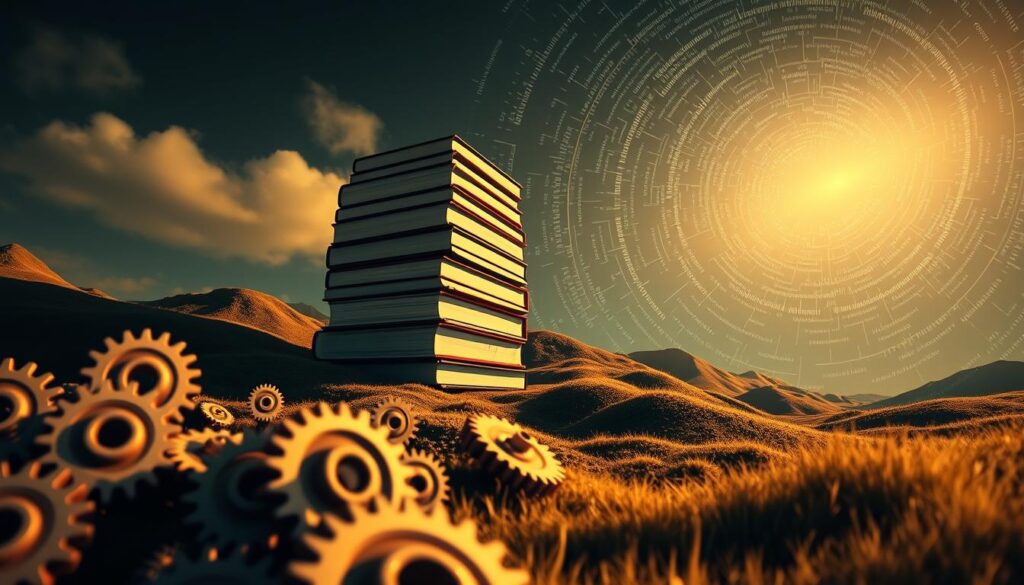 A digital landscape depicting the evolution of the Google algorithm. In the foreground, a series of gears and cogs symbolize the intricate inner workings of the search engine's ranking system. The middle ground features a towering stack of books, each representing a major algorithm update, casting long shadows across the scene. In the background, a swirling vortex of data streams and lines of code converge, hinting at the constant flux and refinement of Google's search technology. Warm, diffused lighting casts a contemplative atmosphere, while a wide-angle lens captures the grand scale and complexity of the Google algorithm updates. A digital landscape depicting the evolution of the Google algorithm. In the foreground, a series of gears and cogs symbolize the intricate inner workings of the search engine's ranking system. The middle ground features a towering stack of books, each representing a major algorithm update, casting long shadows across the scene. In the background, a swirling vortex of data streams and lines of code converge, hinting at the constant flux and refinement of Google's search technology. Warm, diffused lighting casts a contemplative atmosphere, while a wide-angle lens captures the grand scale and complexity of the Google algorithm updates.