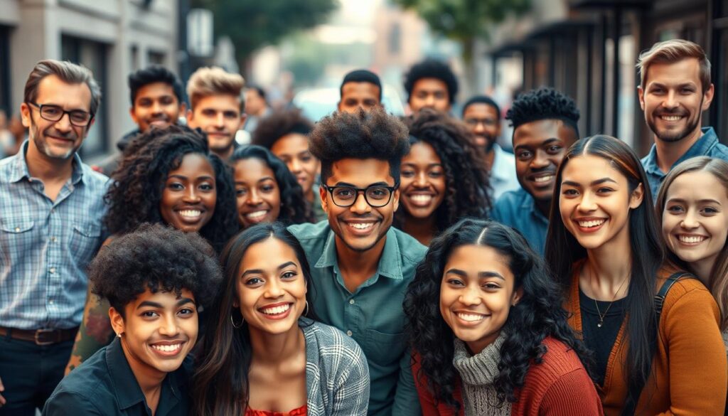 A diverse group of individuals representing the target audience demographics for an Instagram campaign, captured in a vibrant and engaging portrait. The foreground features a variety of ages, ethnicities, and gender identities, each with distinct facial expressions and body language that convey a sense of individuality and personality. The middle ground showcases the group interacting in a dynamic, natural setting, such as a city street or social gathering, while the background provides a blurred, stylized environment that sets the mood. The lighting is soft and flattering, with a warm, inviting color palette that enhances the inclusive and relatable atmosphere. The overall composition and angles create a visually compelling image that effectively illustrates the diverse nature of the target audience for the Instagram campaign.