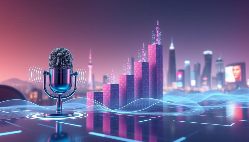 A futuristic data visualization showcasing the rapid growth of voice search trends. In the foreground, a sleek microphone icon pulsates with dynamic waves, symbolizing the increasing user adoption of voice-based search. In the middle ground, a 3D bar chart rises, depicting the escalating voice search volume over the years, with each bar made of floating digital particles. In the background, a panoramic cityscape fades into the distance, with skyscrapers and digital billboards, hinting at the integration of voice search across urban spaces and smart devices. Soft, neon-infused lighting casts an otherworldly glow, conveying the cutting-edge, tech-driven nature of the voice search landscape.