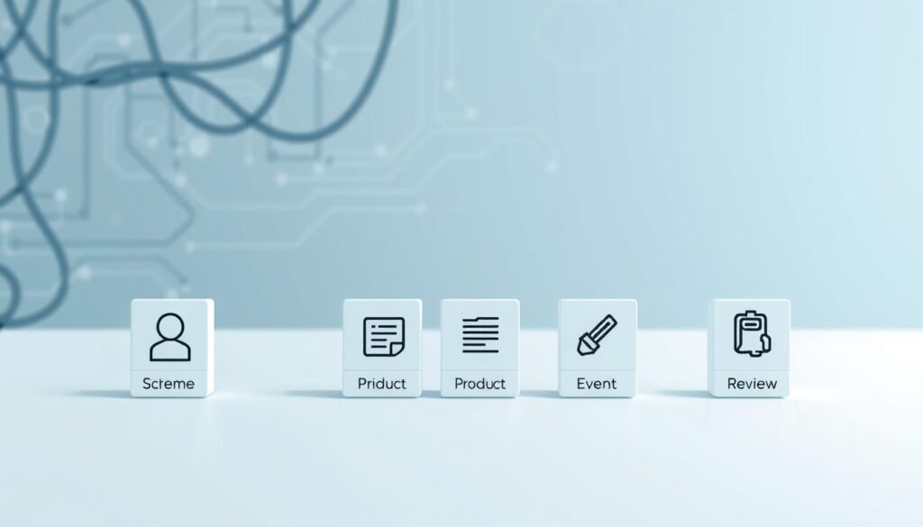 A high-contrast, technically-detailed illustration showcasing various schema markup types. In the foreground, a clean minimalist layout displaying schema type icons, labeled with concise titles like "Person", "Product", "Event", and "Review". The midground features a subtle grid or array arranging these icons, conveying a sense of organization and structure. In the background, a softly-blurred technological backdrop with wires, circuitry, and a subtle hexagonal pattern, evoking the digital nature of schema markup. Crisp, high-resolution rendering with a cool, muted color palette and directional lighting from the top-left, casting shadows that add depth and dimensionality to the composition.