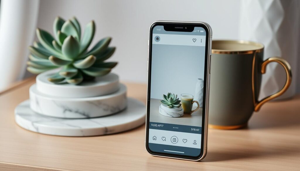 A high-quality Instagram visual featuring a stylish, well-curated still life arrangement. In the foreground, a sleek, modern smartphone displaying an eye-catching, professionally-edited photo. Surrounding it, an artful collection of visually appealing objects - a succulent plant, a glass of freshly squeezed juice, a marble coaster, and a gold-rimmed ceramic mug. The lighting is soft and diffused, creating a warm, inviting atmosphere. The color palette is muted and elegant, with pops of vibrant green and amber. The composition is balanced and aesthetically pleasing, drawing the viewer's eye through the frame. The overall mood is one of effortless sophistication, reflecting the high standards of an optimized Instagram campaign.