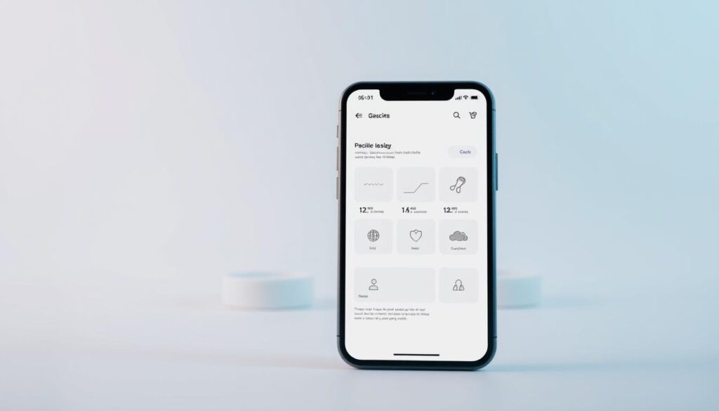 A minimalist and visually appealing mobile interface with a clean, modern layout. In the foreground, a stylized smartphone or tablet device with a sleek design, displaying a responsive web page with a balanced grid layout, intuitive icons, and clear typography. In the middle ground, subtle design elements like simple geometric shapes, subtle gradients, and delicate lines, creating a sense of depth and visual harmony. The background features a soft, neutral color palette, with subtle textures or patterns that complement the overall aesthetic. The lighting is soft and diffused, creating a calm and inviting atmosphere that emphasizes the mobile-friendly design principles of accessibility, usability, and aesthetics.