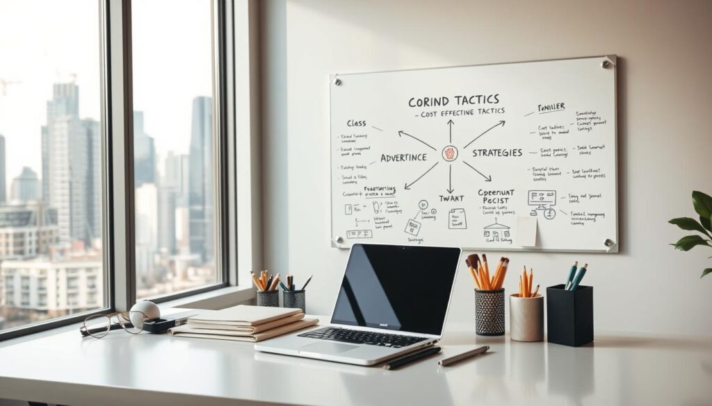 A modern, minimalist office setting with a large window overlooking a bustling city skyline. In the foreground, a desk with a laptop, notepad, and a variety of office supplies arranged in a visually appealing manner. The desk is positioned at an angle, creating a dynamic composition. Soft, natural lighting filters through the window, casting a warm glow on the scene. In the middle ground, a whiteboard or corkboard displays various brainstorming ideas and strategies related to cost-effective advertising tactics, presented in a clean, organized fashion. The background features a cityscape with skyscrapers and a vibrant, energetic atmosphere, suggesting the broader context of the business landscape. The overall mood is one of efficiency, creativity, and strategic thinking. A modern, minimalist office setting with a large window overlooking a bustling city skyline. In the foreground, a desk with a laptop, notepad, and a variety of office supplies arranged in a visually appealing manner. The desk is positioned at an angle, creating a dynamic composition. Soft, natural lighting filters through the window, casting a warm glow on the scene. In the middle ground, a whiteboard or corkboard displays various brainstorming ideas and strategies related to cost-effective advertising tactics, presented in a clean, organized fashion. The background features a cityscape with skyscrapers and a vibrant, energetic atmosphere, suggesting the broader context of the business landscape. The overall mood is one of efficiency, creativity, and strategic thinking.