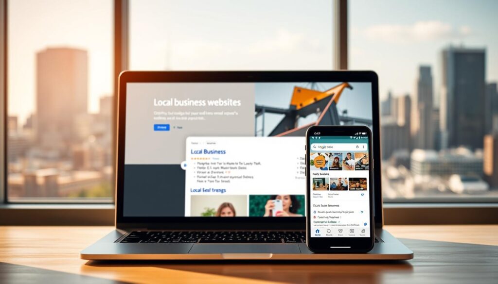 A modern, minimalist web design featuring clean lines, vibrant colors, and intuitive navigation. In the foreground, a laptop screen displaying a local business' website, optimized for local SEO with relevant keywords, NAP (name, address, phone) information, and schema markup. The middle ground showcases a mobile device with a local search result for the business, highlighting its prominent placement. In the background, a cityscape with prominent landmarks, reflecting the local focus. The lighting is warm and natural, creating a welcoming atmosphere. The overall composition conveys the importance of optimizing a website for local searches to drive visibility and foot traffic for a brick-and-mortar store.
