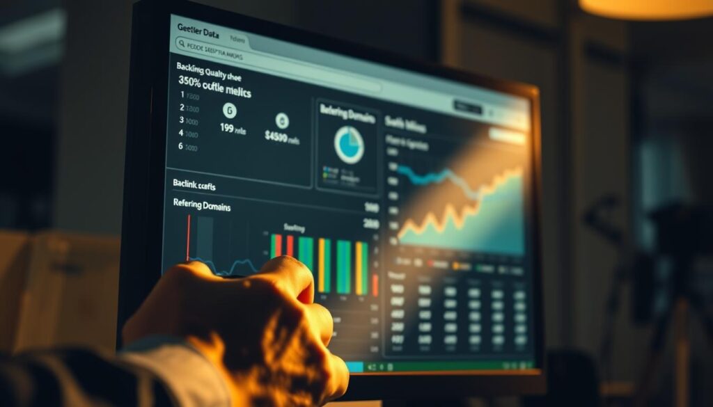 A professional data analyst examines a computer screen displaying various SEO metrics and backlink data. The scene is illuminated by a warm, focused light, casting dramatic shadows that accentuate the analytical nature of the task. In the foreground, a hand hovers over a mouse, ready to navigate the complex backlink analytics interface. The middle ground features a dashboard showcasing backlink quality scores, referring domain counts, and other crucial SEO performance indicators. The background blurs softly, suggesting a modern, minimalist office environment conducive to deep data exploration. The overall mood is one of diligent investigation, as the analyst delves into the intricate relationship between backlink influence and search engine rankings.