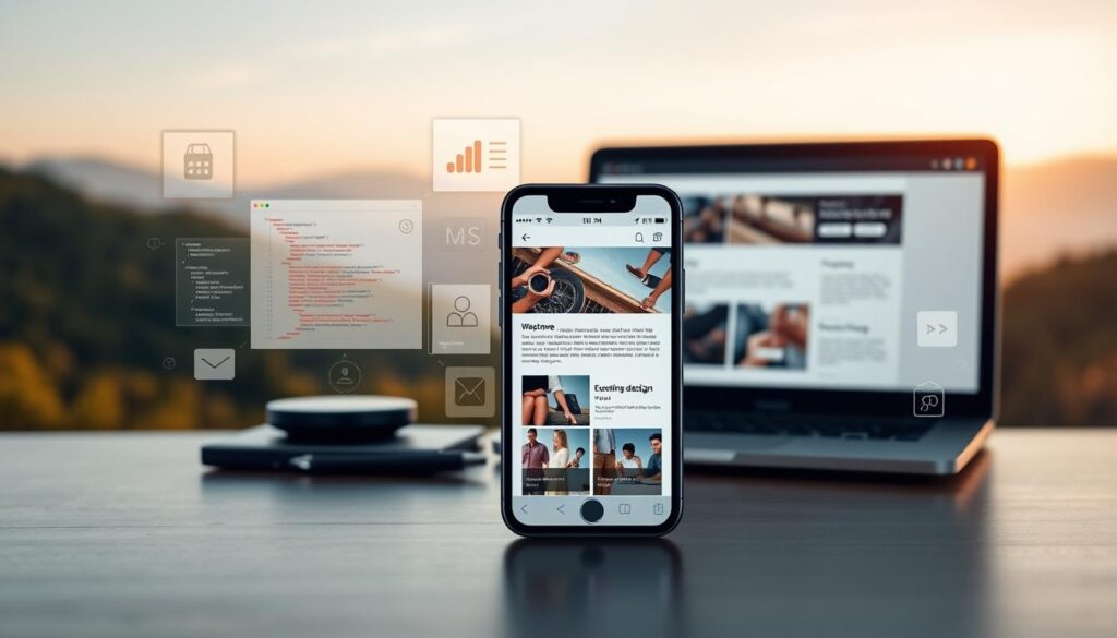 A responsive web design showcase, showcasing a mobile-friendly website layout with a clean, modern aesthetic. The foreground features a sleek smartphone device displaying a well-designed webpage, surrounded by a minimalist desktop setup with a laptop and peripherals. The middle ground depicts various web development elements such as code snippets, wireframes, and design mockups, conveying the technical aspects of responsive design. The background setting is a serene, natural landscape with soft lighting, creating a calming atmosphere that enhances the focus on the digital elements. The overall composition emphasizes the importance of a mobile-first approach to web design and its impact on search engine optimization.