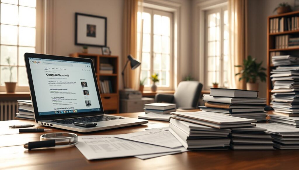 A serene home office with a large wooden desk, a magnifying glass, and stacks of paper files. Soft natural lighting filters through floor-to-ceiling windows, casting a warm glow on the scene. In the foreground, a laptop displays search engine results, highlighting long-tail keywords. Carefully organized notes and research materials surround the laptop, reflecting the meticulous process of uncovering valuable long-tail opportunities. The overall atmosphere conveys a sense of thoughtful discovery and strategic planning.