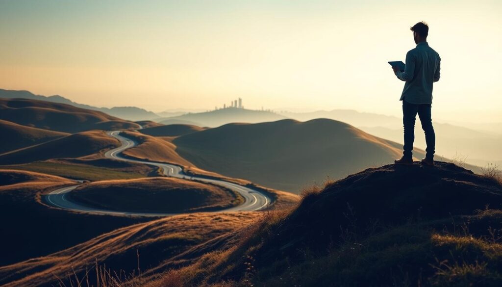 A serene landscape with a winding road cutting through rolling hills, representing the ever-changing nature of search engine optimization. In the foreground, a lone figure stands atop a hill, gazing thoughtfully at a glowing tablet, symbolizing the constant need to adapt to algorithm updates. Soft, diffused lighting casts a warm glow over the scene, conveying a sense of contemplation and strategic planning. The background features a distant skyline with silhouetted buildings, suggesting the larger digital landscape that SEO professionals must navigate. The composition evokes a sense of balance between the natural world and the digital realm, underscoring the importance of adapting one's SEO strategy to changing algorithms. A serene landscape with a winding road cutting through rolling hills, representing the ever-changing nature of search engine optimization. In the foreground, a lone figure stands atop a hill, gazing thoughtfully at a glowing tablet, symbolizing the constant need to adapt to algorithm updates. Soft, diffused lighting casts a warm glow over the scene, conveying a sense of contemplation and strategic planning. The background features a distant skyline with silhouetted buildings, suggesting the larger digital landscape that SEO professionals must navigate. The composition evokes a sense of balance between the natural world and the digital realm, underscoring the importance of adapting one's SEO strategy to changing algorithms.