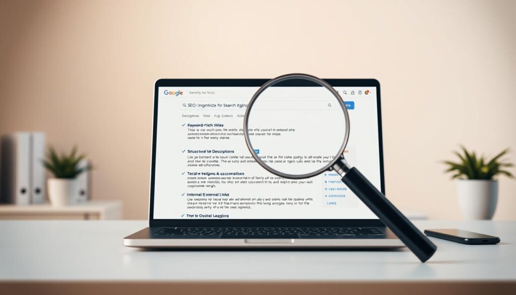 A serene office scene with a laptop on a minimalist desk, displaying a webpage optimized for search engines. The foreground features an array of SEO optimization techniques, such as keyword-rich titles, meta descriptions, structured data, and internal/external links. The middle ground showcases a magnifying glass hovering over the webpage, symbolizing the importance of on-page SEO analysis. The background depicts a warm, natural lighting setup, creating a calming and productive atmosphere. The composition is balanced, with clean lines and a subtle color palette to draw the viewer's attention to the central subject matter.