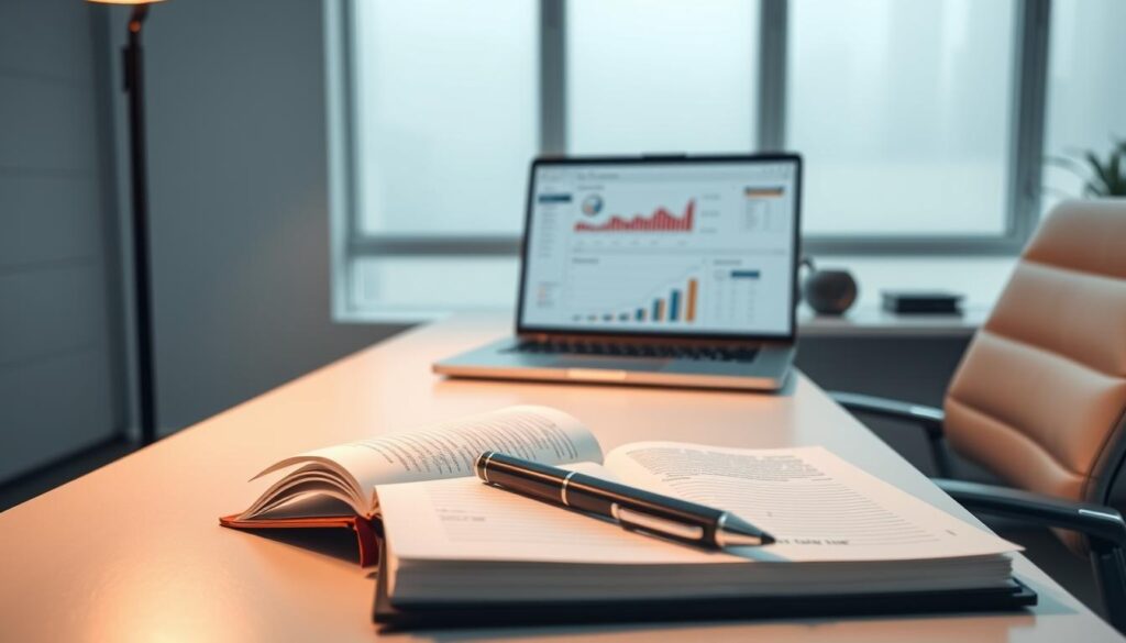 إعداد مكتبي أنيق وبسيط مع مكتب وكرسي عصريين. على المكتب، يعرض جهاز كمبيوتر محمول لوحة معلومات تحليلية مفصّلة تعرض مقاييس مختلفة واستراتيجيات تحسين التكلفة لتعزيز المنشورات على Instagram. تحتوي المقدمة على دفتر ملاحظات مفتوح وقلم جاهز لتدوين الأفكار. تضيء الإضاءة الخافتة والموجهة المشهد، مما يخلق جواً مركزاً وتأملياً. تضيء الخلفية بمهارة لتؤكد على العناصر المركزية وأهميتها في عملية تحسين تكاليف تعزيز المنشورات على إنستغرام.