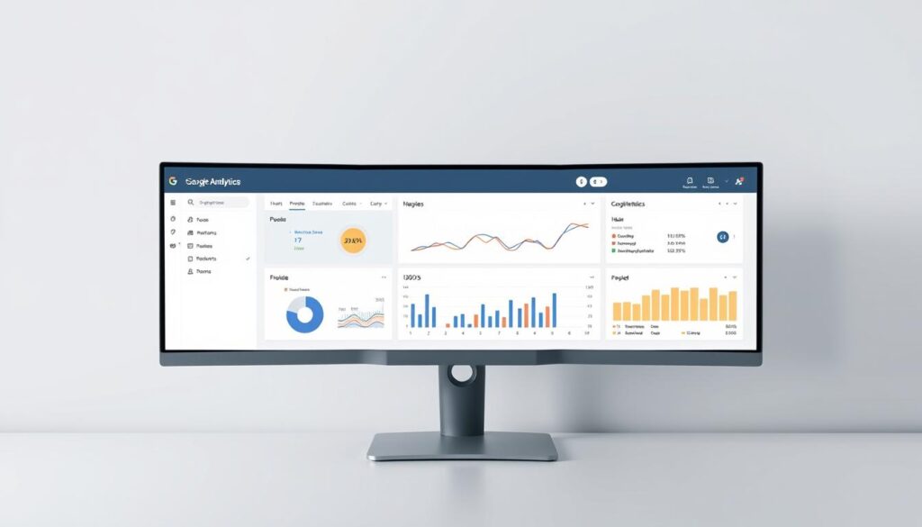 Un panel de control de Google Analytics moderno y elegante que se muestra en un monitor de ordenador de alta resolución. El panel presenta un diseño limpio e intuitivo con varias visualizaciones de datos, como gráficos lineales, circulares y de barras. El fondo es gris neutro, lo que permite que destaquen los elementos del panel de control. Una iluminación suave y direccional ilumina la pantalla, creando un ambiente profesional y centrado. El ángulo de la cámara está situado ligeramente por encima del cuadro de mandos, lo que ofrece una visión completa de los datos. El tono general es de claridad, eficacia y toma de decisiones basada en datos.