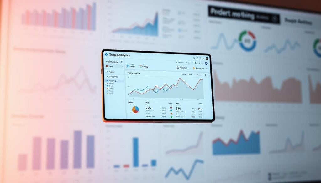 Un elegante y moderno panel de control de Google Analytics flotando sobre un fondo suavemente difuminado de gráficos y diagramas de análisis de sitios web. La interfaz del panel de control muestra métricas y datos clave, sus líneas limpias y su diseño intuitivo reflejan la facilidad de uso de la plataforma. Una iluminación cálida y direccional proyecta un sutil resplandor, creando profundidad y enfatizando la posición central del panel. La escena general transmite una sensación de claridad, organización y capacidad para comprender fácilmente datos complejos sobre el rendimiento del sitio web.