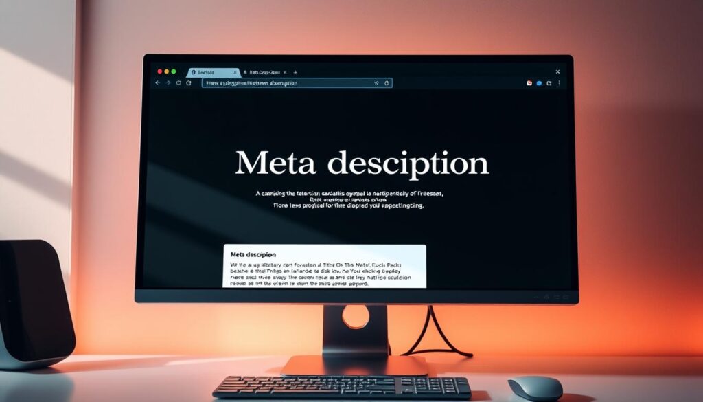 A sleek, modern computer monitor displays a web browser window showcasing a captivating meta description example. The screen is bathed in warm, diffused lighting, creating a subtle, inviting atmosphere. The meta description text is prominently featured, its typography elegant and attention-grabbing. Surrounding the monitor, a clean, minimalist workspace with subtle hints of technology - perhaps a keyboard, mouse, or desk accessories - creates a professional, polished setting. The composition is balanced, drawing the eye to the central meta description display, emphasizing its importance as a key element of effective online marketing. A sleek, modern computer monitor displays a web browser window showcasing a captivating meta description example. The screen is bathed in warm, diffused lighting, creating a subtle, inviting atmosphere. The meta description text is prominently featured, its typography elegant and attention-grabbing. Surrounding the monitor, a clean, minimalist workspace with subtle hints of technology - perhaps a keyboard, mouse, or desk accessories - creates a professional, polished setting. The composition is balanced, drawing the eye to the central meta description display, emphasizing its importance as a key element of effective online marketing.