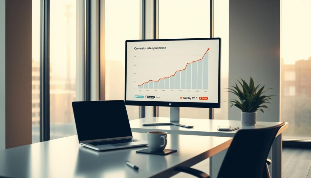 بيئة مكتبية أنيقة وعصرية مع إعداد مكتب بسيط وشاشة كبيرة تعرض رسمًا بيانيًا كبيرًا لتحسين معدل التحويل. تتسلل الإضاءة الطبيعية الخافتة من خلال النوافذ الكبيرة، مما يضفي توهجًا دافئًا على المشهد. المكتب مرتب بعناية، مع جهاز كمبيوتر محمول وقلم وكوب من القهوة. يُظهر الرسم البياني على الشاشة اتجاهاً تصاعدياً، مما يصور تأثير استراتيجيات تحسين معدل التحويل. ينقل الجو العام إحساسًا بالإنتاجية والتركيز والسعي لتحقيق نجاح التسويق الرقمي.