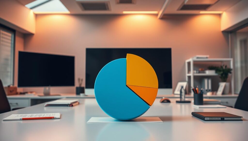 مكتب داخلي أنيق وعصري مع مكتب كبير وشاشة كمبيوتر ولوازم مكتبية متنوعة. على المكتب، يظهر على المكتب مخطط دائري بعنوان "تخصيص ميزانية إعلانات إنستجرام" يعرض توزيع ميزانية التسويق المتوازنة. تُلقي الإضاءة الدافئة والموجهة من الأعلى توهجًا خافتًا، مما يخلق جوًا احترافيًا ومنتجًا. تؤكد التركيبة على أهمية التخطيط الدقيق وتخصيص الموارد للإعلان الفعال على إنستغرام، مما ينقل إحساسًا بالخبرة والمسؤولية المالية.