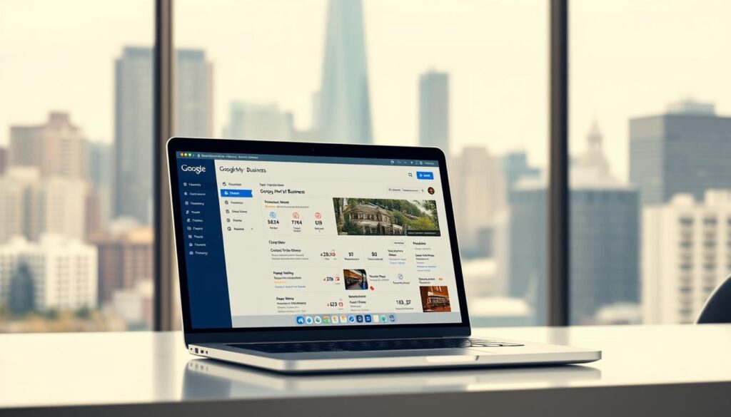 A sleek, modern office setting with a laptop prominently displayed on a minimalist desk. The laptop screen shows the Google My Business dashboard, with various optimization tools and metrics clearly visible. The background features a blurred cityscape, conveying a sense of a thriving local business ecosystem. Soft, diffused lighting creates a professional, yet inviting atmosphere. The overall composition suggests the importance of optimizing one's Google My Business presence as a key local SEO ranking factor.