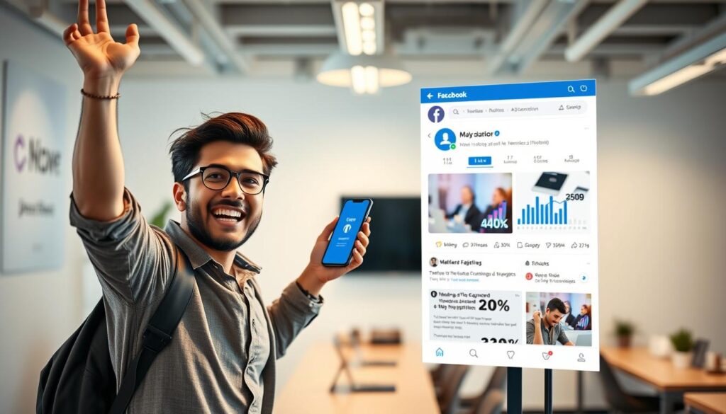 حملة مزدهرة على فيسبوك مع تركيبة بصرية نابضة بالحياة وملفتة للنظر. في المقدمة، مؤثر ناجح على وسائل التواصل الاجتماعي يحتفل بهاتف ذكي يعرض تحليلات ومقاييس مثيرة للإعجاب. في المنتصف، واجهة أنيقة وبسيطة على فيسبوك تعرض مؤشرات الأداء الرئيسية مثل المشاركات والنقرات والتحويلات. وتتميز الخلفية بإعداد مكتبي نظيف وعصري مع عناصر علامة تجارية أنيقة، مما ينقل إحساسًا بالإنجاز الاحترافي والخبرة في التسويق الرقمي. تسلط الإضاءة الدافئة والمتوازنة الضوء على المشهد، مما يخلق جوًا مصقولًا وطموحًا. الانطباع العام هو انطباع عام عن إتقان وسائل التواصل الاجتماعي القائمة على البيانات وانتصار الحملة.