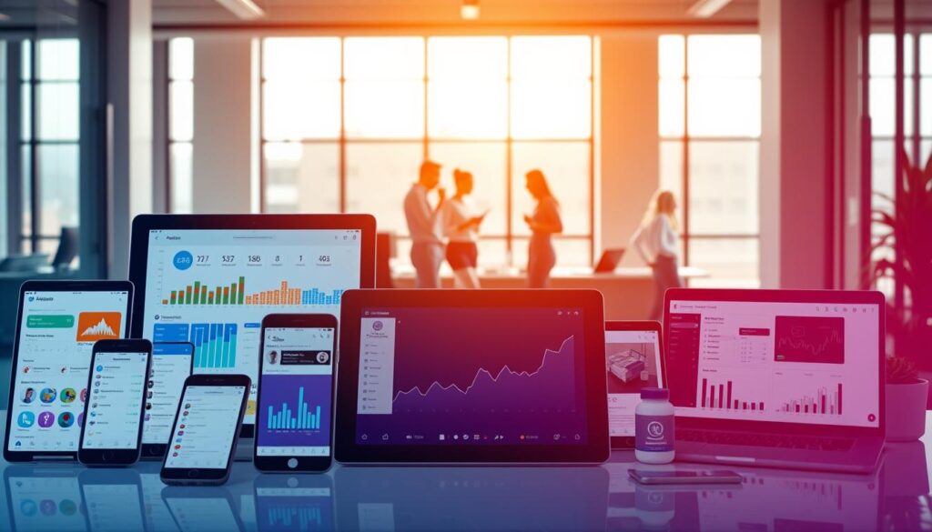 A vibrant array of social media management tools against a backdrop of a sleek, minimalist office. In the foreground, various digital devices - smartphones, tablets, and laptops - showcase intuitive dashboard interfaces, real-time analytics, and scheduling features. In the middle ground, a team of professionals collaborates, strategizing social media campaigns. The scene is illuminated by warm, natural lighting filtering through large windows, creating a productive and collaborative atmosphere. The overall mood conveys the efficiency and effectiveness of modern social media management, reflecting the versatility and power of these essential digital tools.