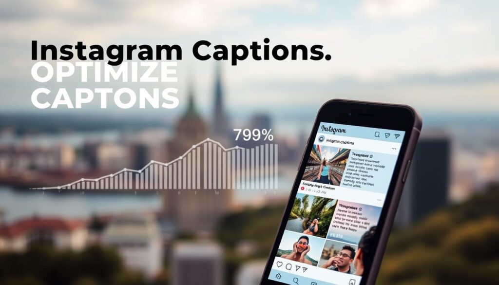 A visually striking image of optimized Instagram captions. In the foreground, a smartphone displays a carefully curated Instagram feed, showcasing a series of high-quality images with eye-catching captions. The captions should convey a sense of storytelling, creativity, and engagement. The middle ground features a stylized representation of social media metrics, such as likes, comments, and engagement rates, highlighting the importance of optimized captions for driving user interaction. In the background, a soft, blurred cityscape or natural landscape provides a visually appealing backdrop, conveying a sense of inspiration and the broader context of social media marketing. The overall mood should be professional, polished, and aspirational, reflecting the best practices for crafting effective Instagram captions.