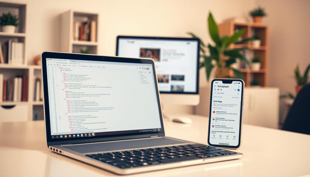 A well-lit, clean and minimalist desktop scene with a laptop, smartphone, and keyboard in the foreground. The laptop screen displays a code editor with schema markup implementation, with clear and organized code structure. The smartphone displays a search engine results page showcasing rich snippet information. In the middle ground, a monitor displays a website with structured data highlighted. The background features a neutral, soft-focus office environment with bookshelves and potted plants, conveying a professional, productive atmosphere. Warm, natural lighting illuminates the scene, creating a sense of clarity and focus on the technical implementation of schema markup.