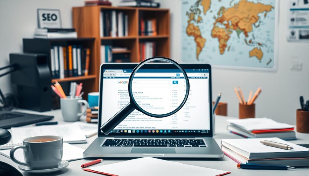 A well-lit, high-resolution image of a desktop workspace focused on the process of keyword research. In the foreground, a laptop screen displays a web page with a search engine results page, emphasizing the importance of finding the right keywords. Surrounding the laptop are various office supplies such as notepads, pens, and a cup of coffee, conveying a sense of productivity and research. In the middle ground, a magnifying glass hovers over the laptop screen, symbolizing the careful analysis of search data. The background features a bookshelf with SEO-related books and a wall-mounted world map, suggesting the global reach and scope of search engine optimization. The overall scene exudes a sense of focus, diligence, and the foundational nature of keyword research in the pursuit of effective SEO.