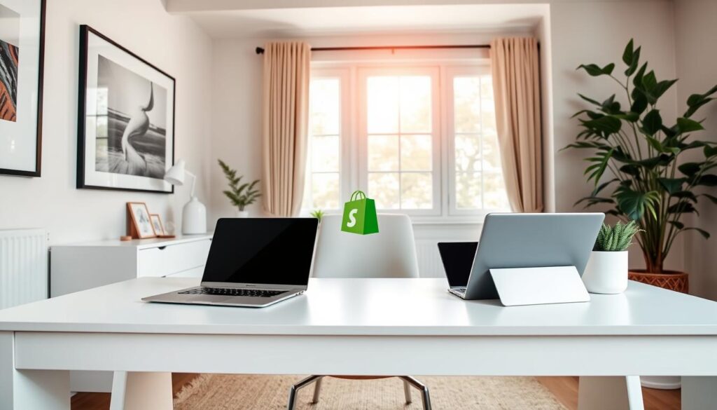 A well-lit, modern home office with a sleek white desk featuring a Shopify logo, a laptop, and a smart tablet. The walls are adorned with minimalist artwork, and a large window allows natural light to flood the space. The room has a cozy, inviting atmosphere, with a houseplant adding a touch of greenery. The camera angle is slightly elevated, capturing the scene from an ergonomic perspective, highlighting the seamless integration of technology and design within the Shopify setup.