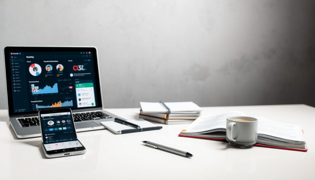 A well-lit studio scene with various social media management tools arranged on a clean, modern desk. In the foreground, a sleek smartphone, a tablet, and a laptop computer, all displaying social media dashboards and analytics. In the middle ground, a set of neatly organized notebooks, pens, and a cup of coffee, suggesting the process of planning and strategizing social media content. The background features a minimalist, gray wall with subtle textures, creating a sense of depth and professionalism. Soft, directional lighting casts shadows and highlights the tools, conveying a sense of thoughtfulness and efficiency in social media management.