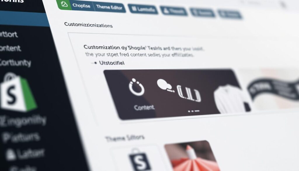 Detailed close-up shot of a Shopify store admin dashboard, showcasing customization options and settings. Sleek, modern UI with clean typography, high-contrast colors, and intuitive layout. Crisp, high-resolution rendering with even lighting and depth of field. Conveys a sense of professionalism, functionality, and user-friendly design. Prominent display of customization tools, theme editor, and content management features. Subtle reflections and subtle shadows add depth and dimension to the digital interface.